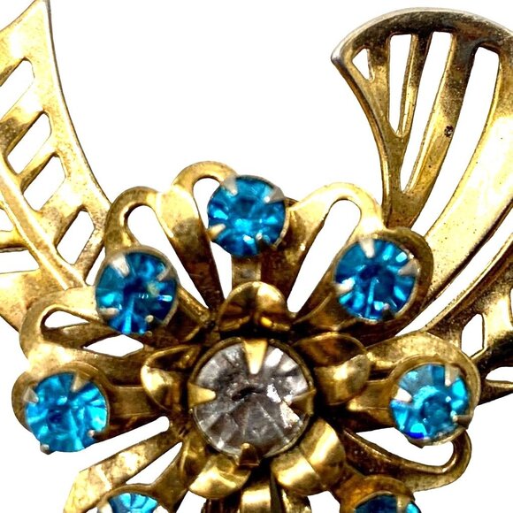 Vintage Blue Faceted Flower Gold Tone Fashion Brooch Pin Open Work Round Stones - Picture 4 of 9